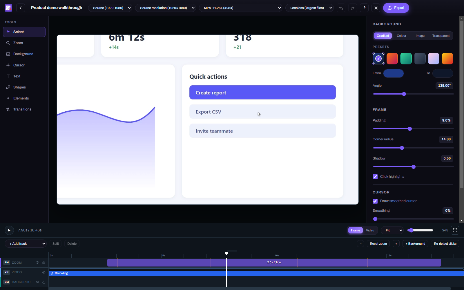 ZoomArc editor automatically zoomed in on a click, following the cursor, with the zoom segment on the timeline