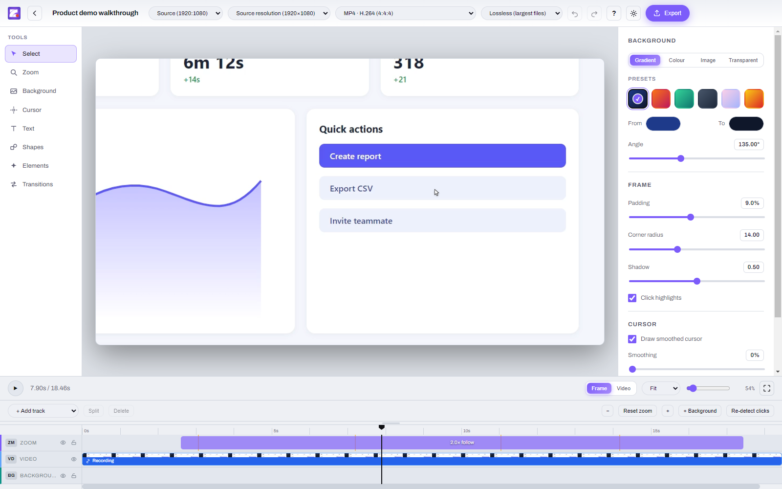 ZoomArc editor in light theme with an automatic zoom segment