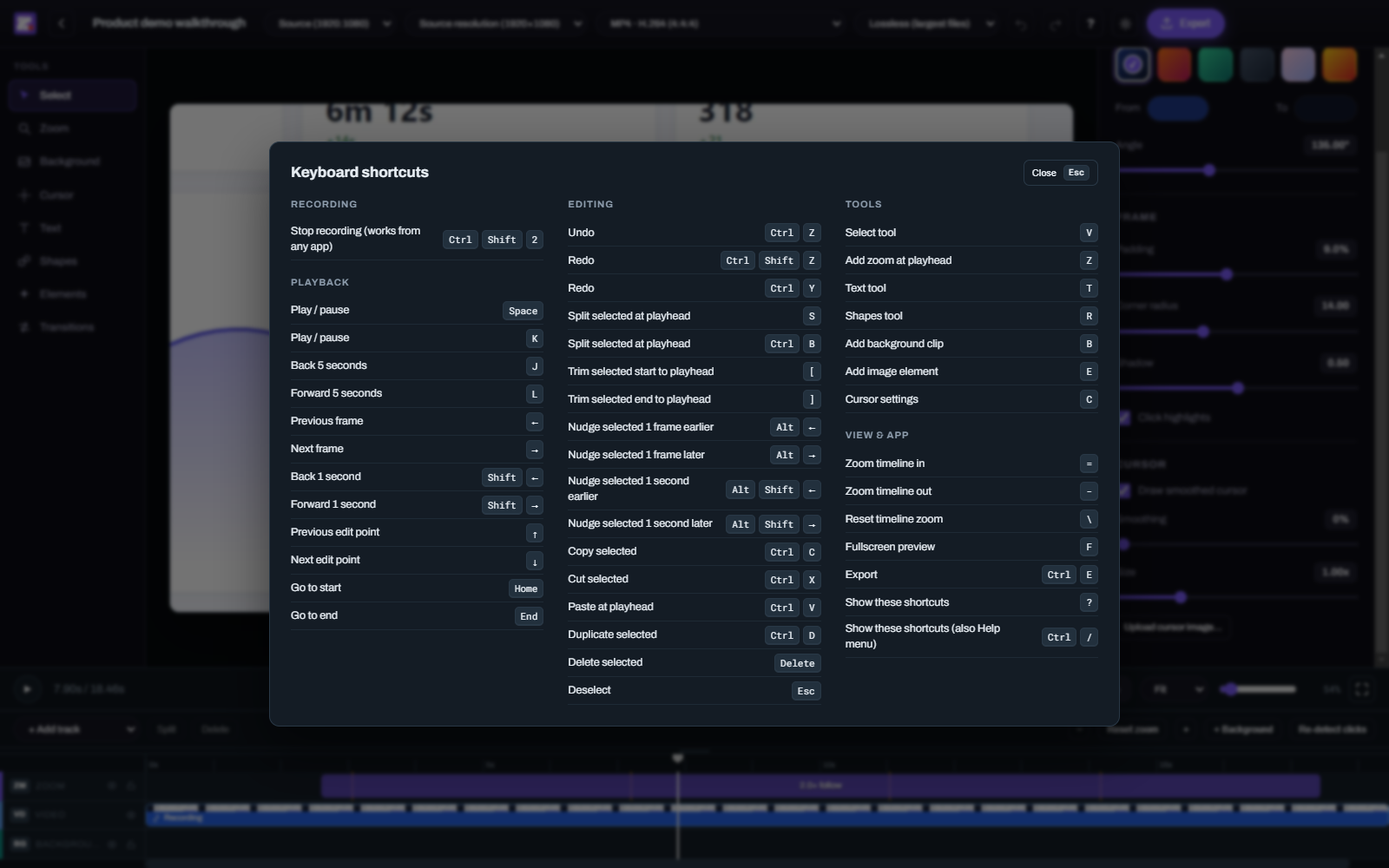 ZoomArc keyboard shortcuts overlay listing 44 shortcuts