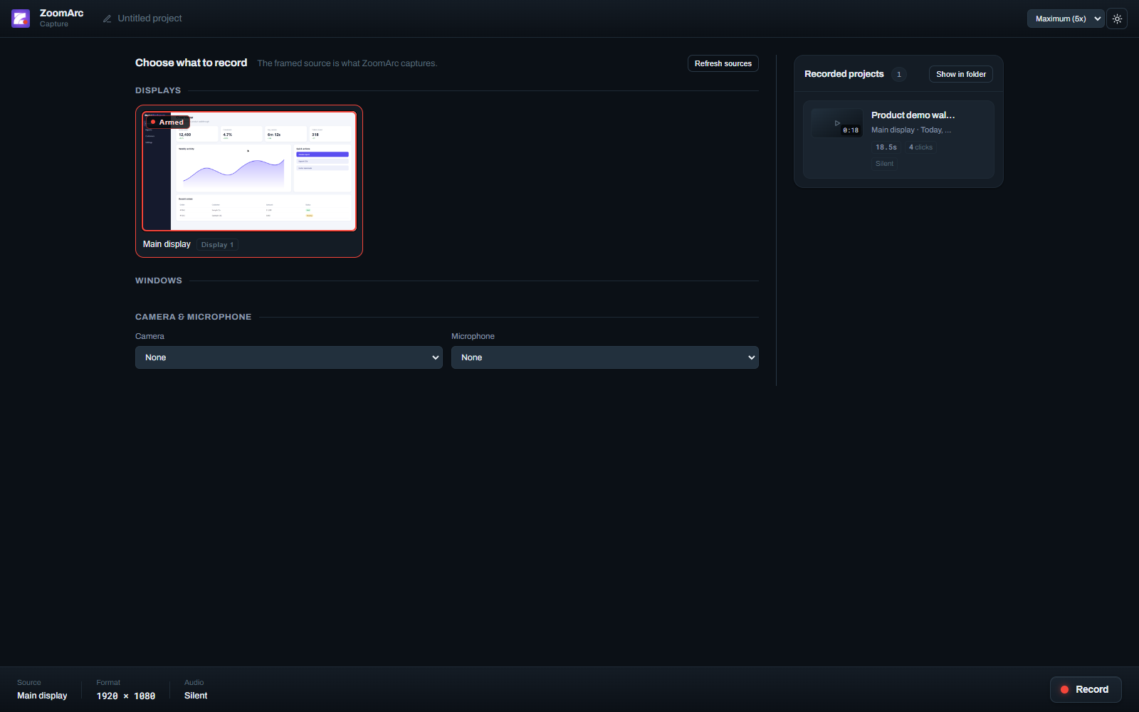 ZoomArc recorder: choose a display or window, camera and microphone