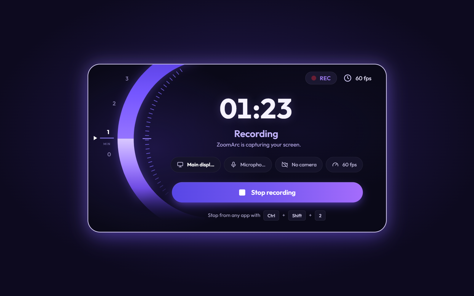 ZoomArc recording screen with live timer, minute dial and stop button